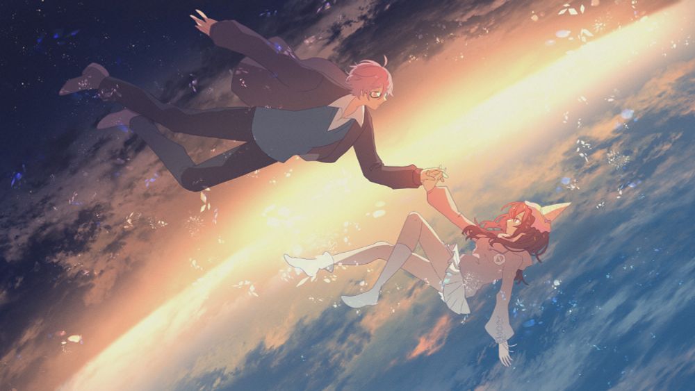 ice cream girl is falling from the world/universe holding hands with salty boy as he tries to catch her :) 

🎨: @mukaezaki_3000 !! 
https://skeb.jp/@mukaezaki_3000 
