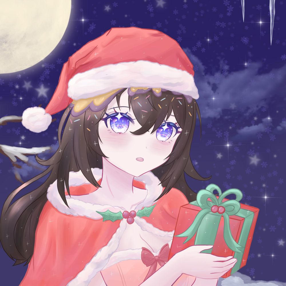 ice cream girl in a santa outfit holding a wrapped red present with green bows in the cold winter night :) 

🎨: @valfiina !! 
https://vgen.co/Valfiina 