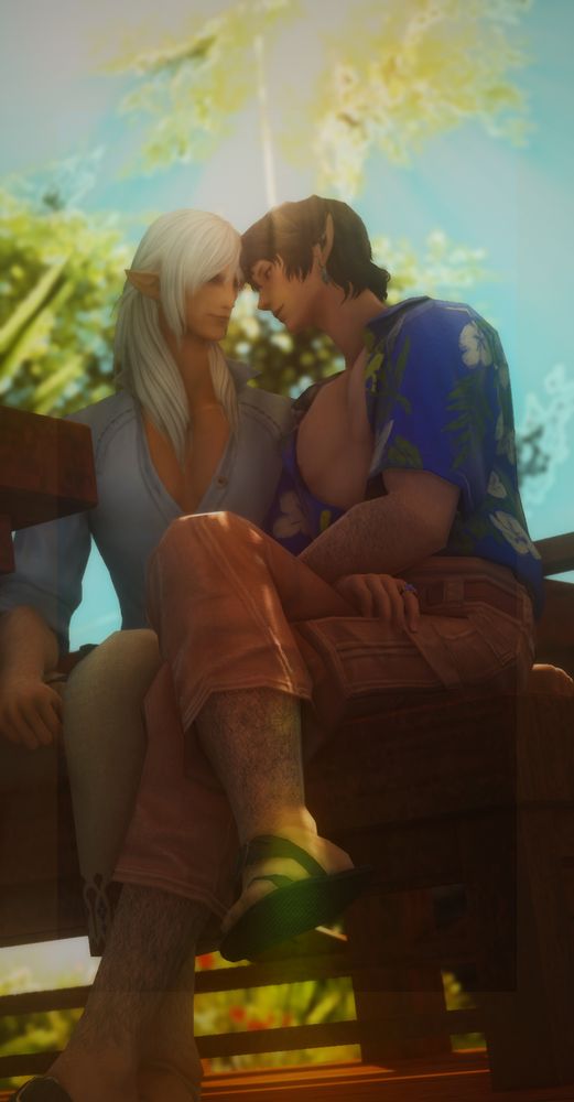 Estinien and Aymeric on the island sanctuary sitting on a deck with their foreheads pressed together lovingly, expressions relaxed