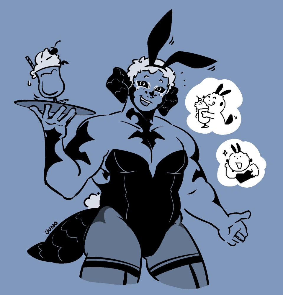 Khue in a black bodysuit and matching bunny ears. He has a big smile on his face, and is posed like he's gesturing to welcome you. He's holding a round tray with a moogle parfait about to topple over.