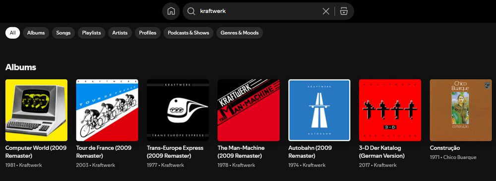 screenshot from Spoofy, the shitty ill-intentioned music app: I'm searching "kraftwerk" and properly getting mostly albums by Kraftwerk, except the 7th one is Chico Buarque's "Construção"