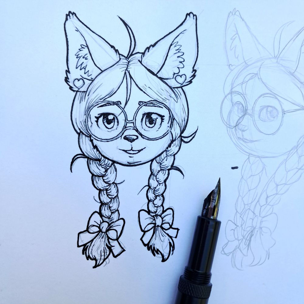 Ink portrait of a corgi girl with braids and glasses