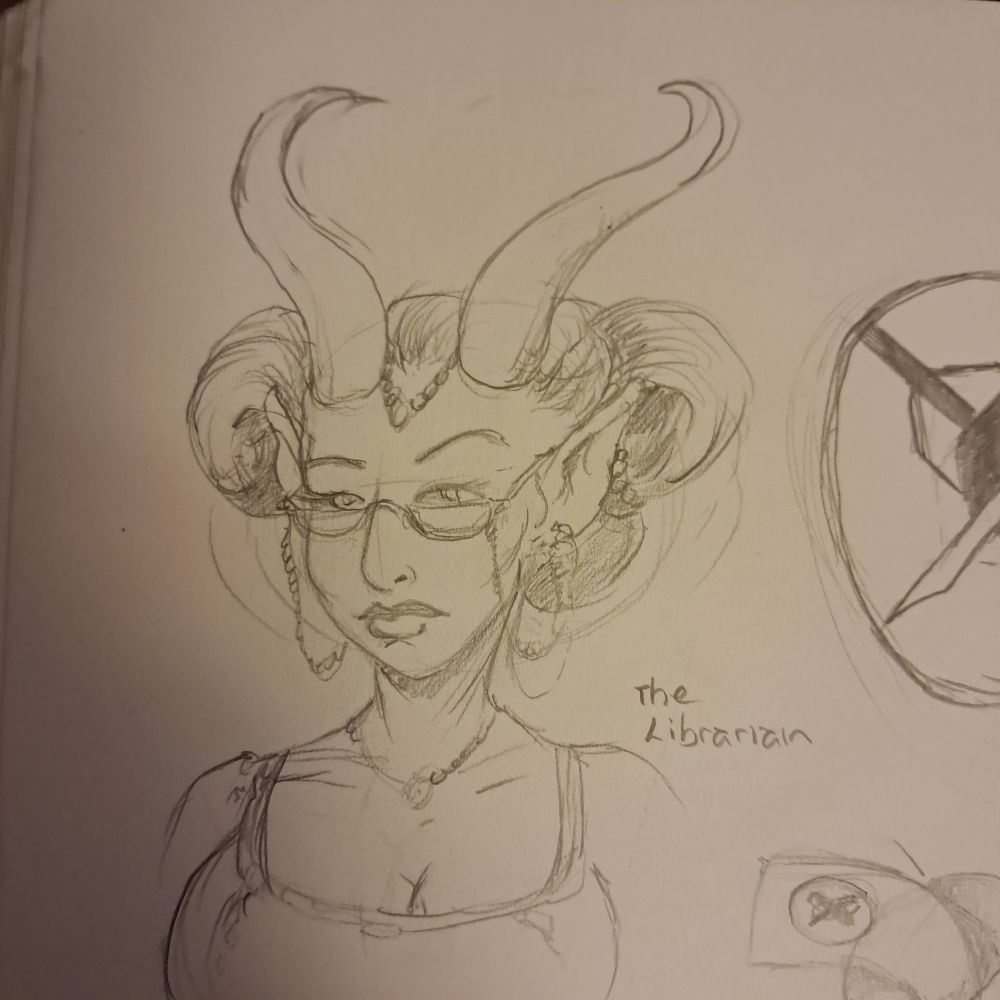 Ms. Eiseth Kutaphane, the head librarian of the 1000 year-old Ambrosius Copperbottom Library. 

She is a succubus. 6'1" with purple skin and yellow eyes. Her half moon glasses are attached by a chain to her earrings. Het hirn are about 2' long. She's contracting the party to find a stolen book. The party must roll wisdom checks or become smitten  

One player is missing the first two sessions so, as "punishment", his reintegration story is that he was so smittened with her that he went out to buy flowers and candy and serenade her. He comes to his senses a dy later and has to hire a donkey cart to catch up.