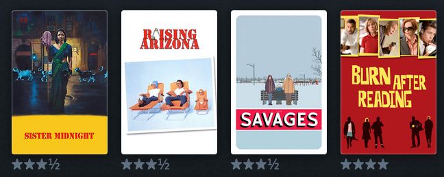 Sister Midnight - 3.5 stars
Raising Arizona - 3.5 stars
The Savages - 3.5 stars
Burn After Reading - 4 stars