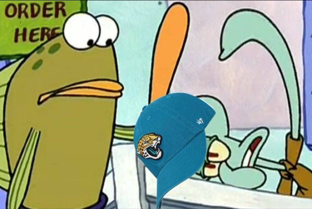 Squidward wearing a Jacksonville Jaguars hat, asking a man next to him who's holding a baseball bat to hit him as hard as possible and to not hold back