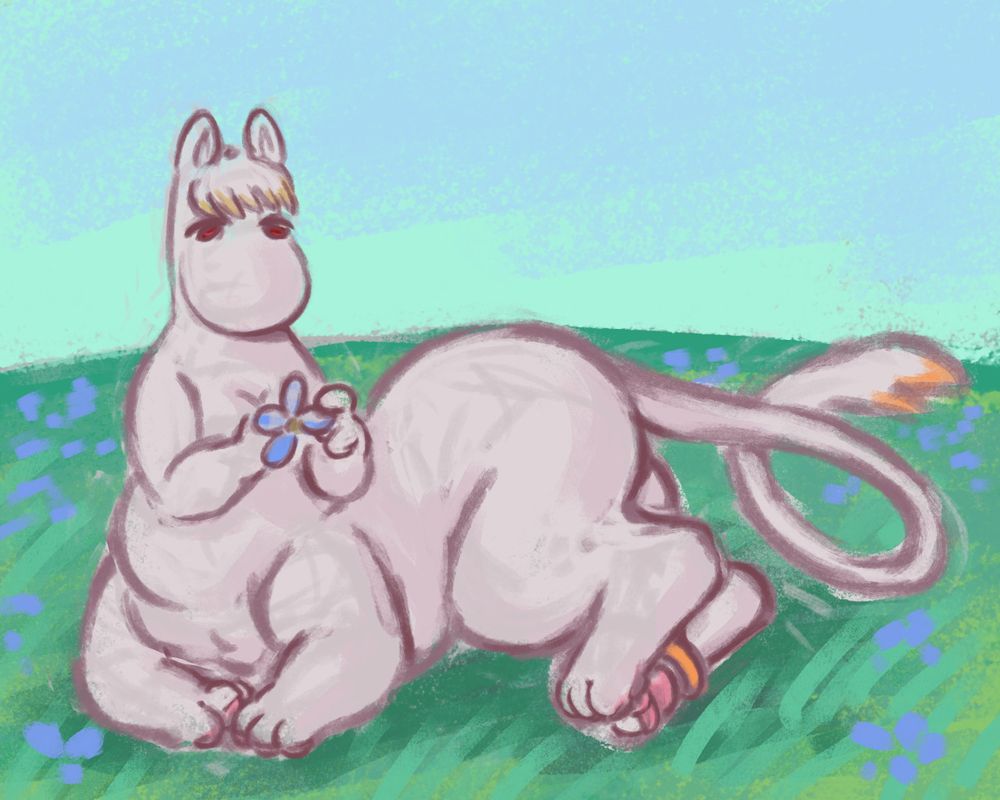 Color digital sketch. Snorkmaiden (of the Moomin franchise), as a taur, is resting in a green field pulling the petals off a blue flower. Snorkmaiden is a soft light-pink creature with a large round snoot, chubby body, long tufted tail, pink paw pads, and prominent blond-tipped fringe of hair on her forehead.