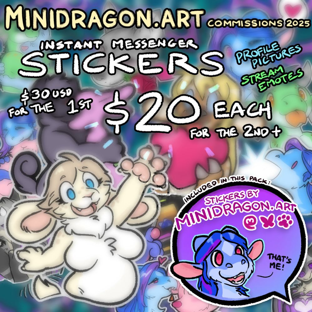 Stickers, profile pictures, and emotes:
$30 USD for the 1st,
$20 each for the 2nd+