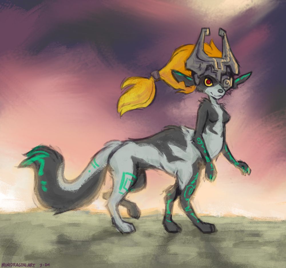 Color digital drawing. Midna as a wolf-taur, against a moody sky.
Midna has black and gray patches on her body, a long fluffy tail, green rune-like markings on her tail, legs, and arms, an elaborate stone helmet, and bright orange-yellow hair tied into a ponytail. She looks toward the viewer mid-stride, faintly smiling. Behind her are dark purple clouds against a brightly illuminated orange sky.
