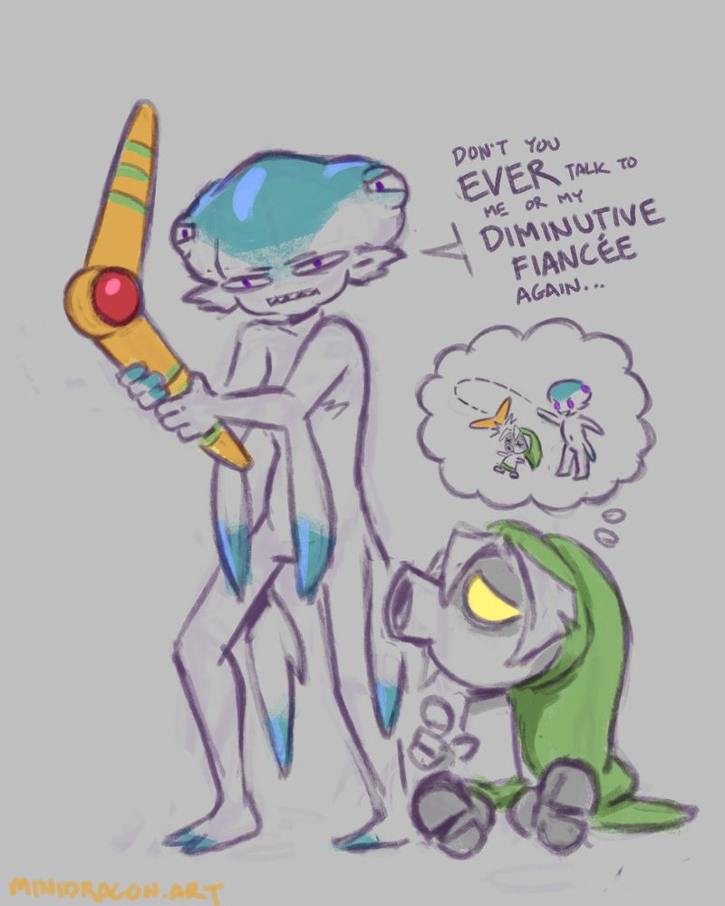 Digital sketch, lightly colored. A scrungly Princess Ruto brandishes a boomerang and says "Don't you EVER talk to me or my DIMINUTIVE FIANCEE again". Deku Link is seated beside her gesturing hesitantly. Above him is a thought bubble in which Ruto throws the boomerang and it hits him on the head.