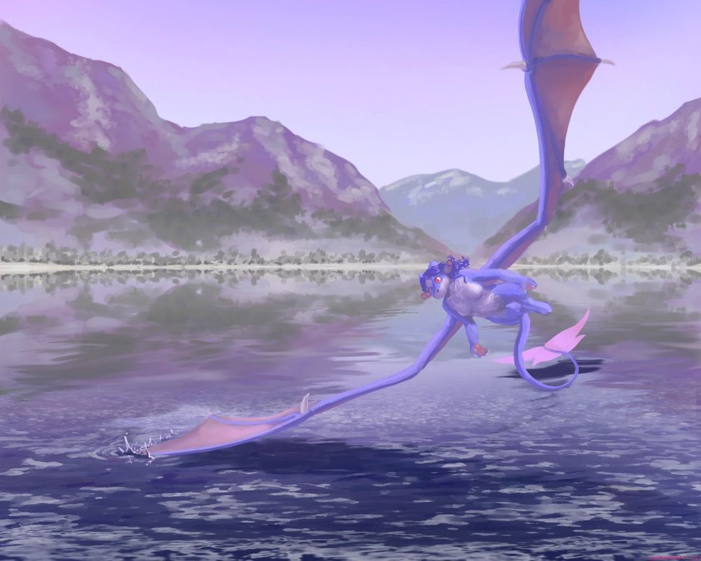 Digital painting, Minerva (OC) a blue-fur anthro dragon is flying low over a large lake. Her right wing skims the surface of the water, and her expression is calm as she moves in the direction of the viewer. behind her, across the shore are tall purple and gray rocky mountains and their reflections. The sky is light but not bright