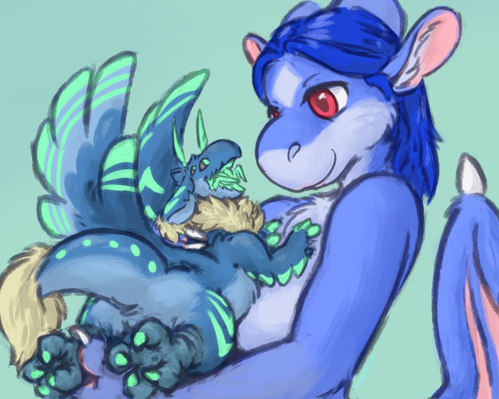Color digital drawing. Rufran, a ~15 inch (38cm) tall anthro creature smiles wide and snuggles to the chest of Minerva (OC) a blue-fur anthro dragon. 

Rufran is teal blue and gray, with luminescent green highlights. He has wide hips, large bird-like feet, a short thick reptilian tail, a pair of feathered wings on his back, as well as feathers lining his arms. His head is small, with four eyes, floppy dog-like ears, a pair of feathery moth-like antennae, a long toothy beak, and a pair of pincers in his mouth alongside his teeth. He has a tuft of yellow fluff on the tip of his tail, his neck, and the tips of his ears. 

Mini cradles him and smiles affectionately.