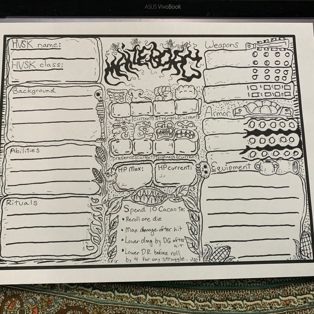 Hand drawn character sheet for Maize Borg