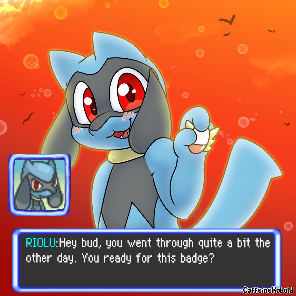An illustration of the Pokemon Riolu holding up a Mystery Dungeon badge. Their face is bright and they are smiling as they say: "Hey bud, you went through quite a bit the other day. You ready for this badge?"
The background is sunset orange with bird silhouettes flying in the background accompanied by many bubbles floating in the sky.
