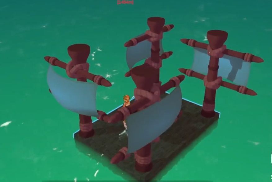 A crafted boat on the ocean with four sails point in 4 different directions, so it cannot move. Screenshot from an early build of Tomo: Endless Blue.