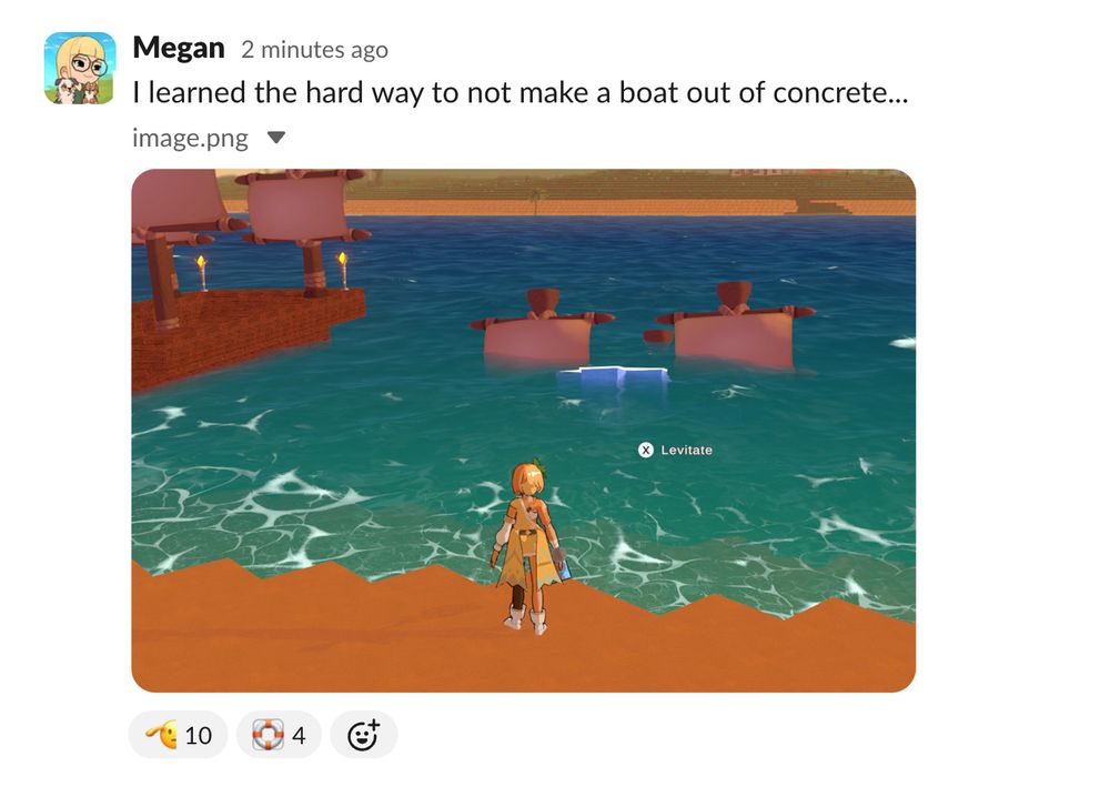 Megan
I learned the hard way to not make a boat out of concrete...
Screenshot of Tomo: Endless Blue in game, with a sinking boat made of concrete in the water.