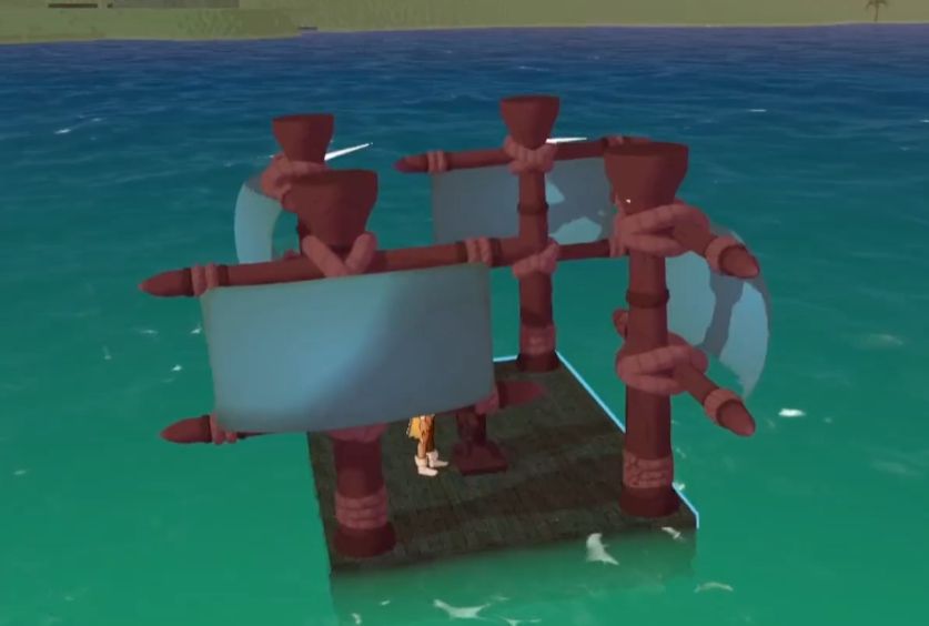A crafted boat on the ocean with four sails point in 4 different directions, so it cannot move. Screenshot from an early build of Tomo: Endless Blue.