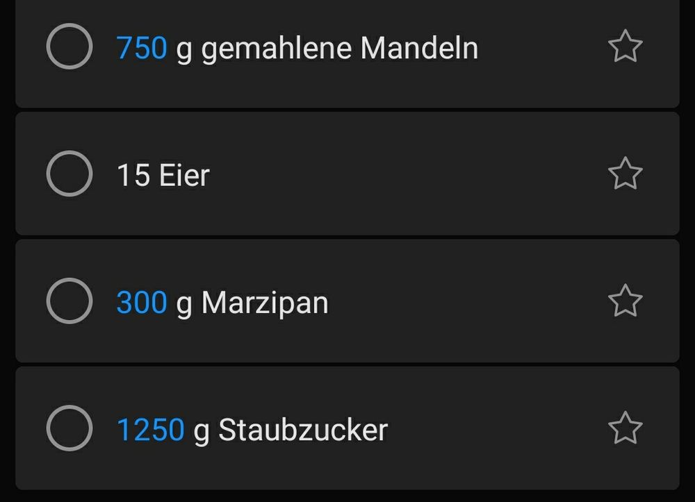 Einkaufsliste mit 750 g gemahlenen Mandeln, 15 Eiern, 300 g Marzipan, 1250 g Puderzucker