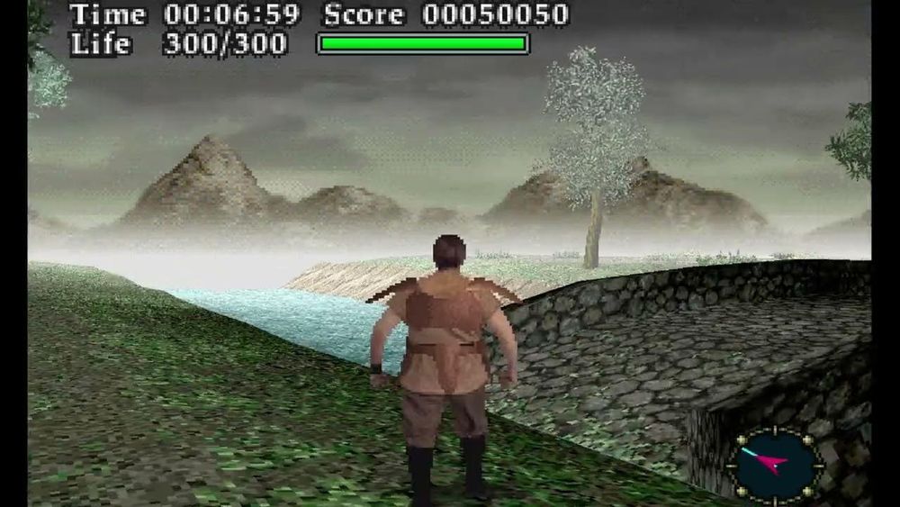 Captura de tela do jogo Virtual Hydlide mostrando um guerreiro diante de uma ponte sob um rio com árvores e montanhas no horizonte 