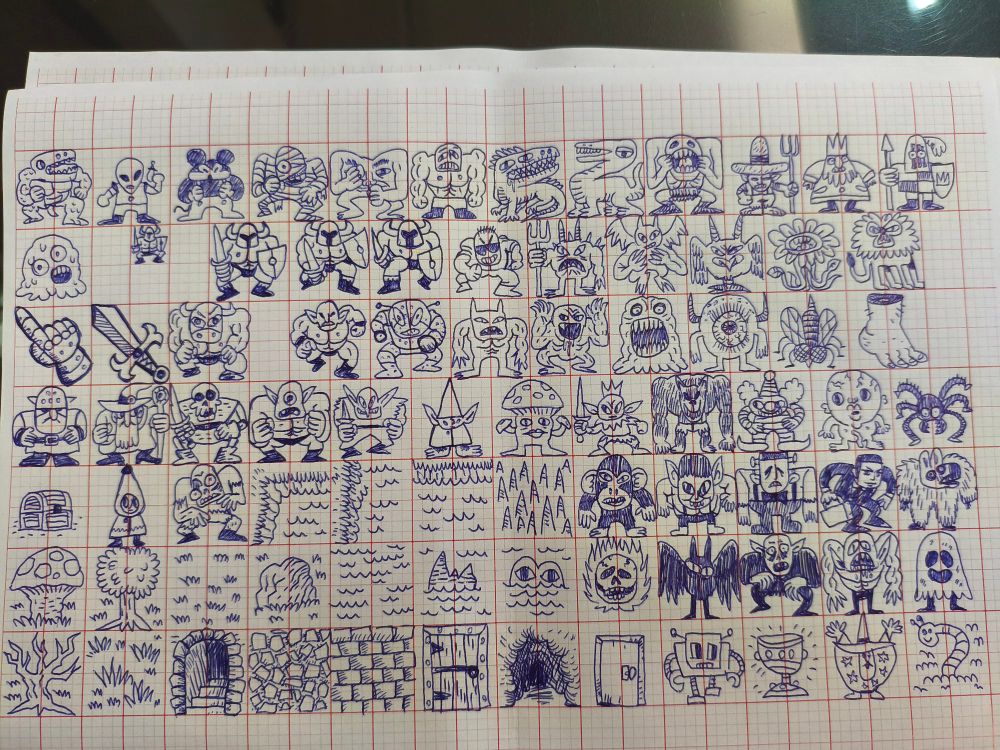 Folha de papel quadriculado repleta de desenhos de monstrinhos encaixados dentro de quadradinhos 