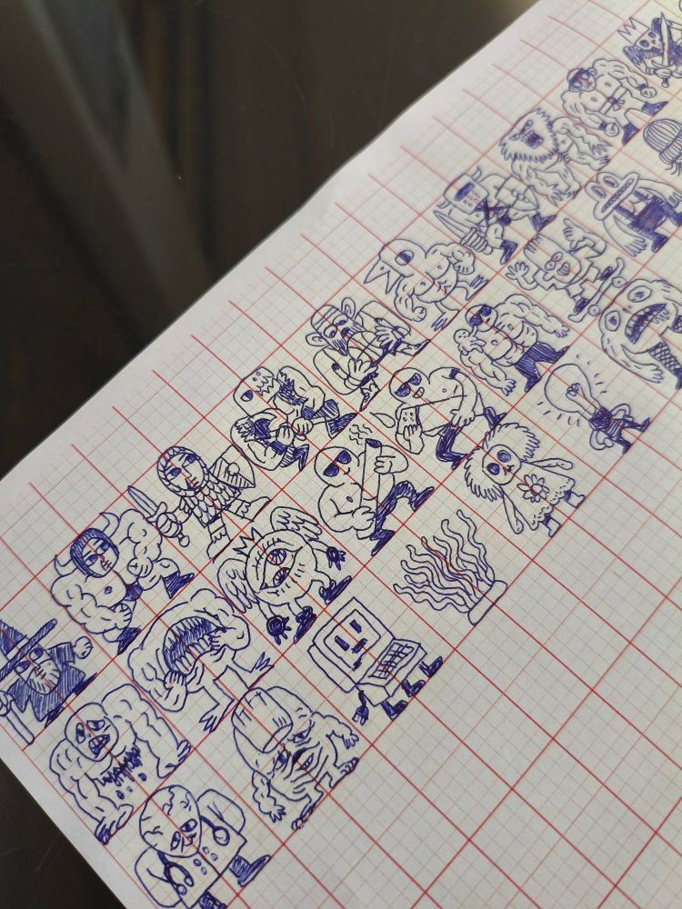 Papel quadriculado com personagens bobos encaixados nos quadradinhos