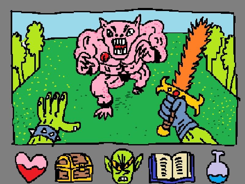 Uma imagem de um jogo fictício em primeira pessoa mostrando o ponto de vista de um bixo verde segurando uma espada de fogo diante de um monstro rosa musculoso de cueca