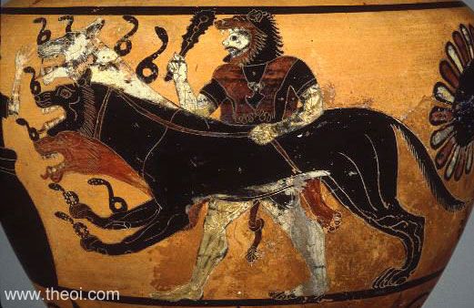 Image from an Ancient Greek vase of Heracles fighting Cerberus, the three-headed dog. 