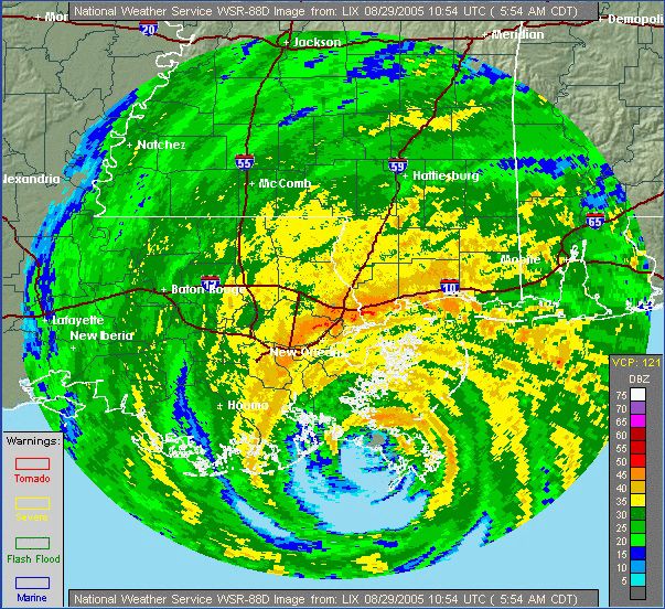 Weather radar image of Hurricane Katrina over New Orleans. 