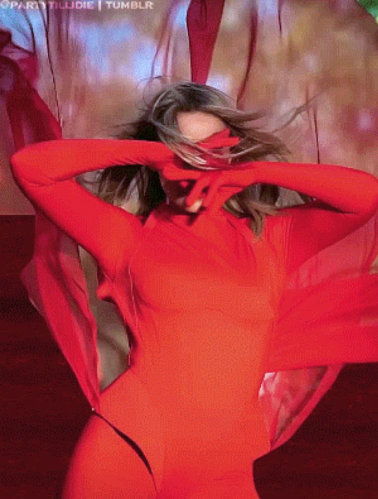 a woman in a red bodysuit is covering her face with her hands and the words party tilldie tumblr are above her