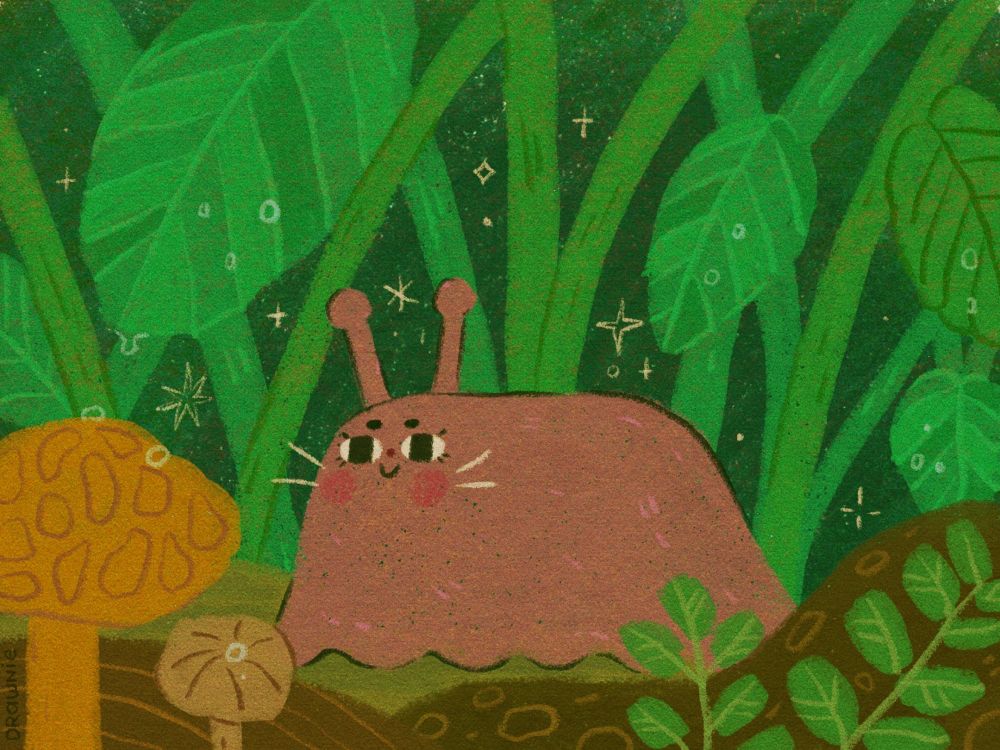 A digital drawing of a cute slug with a happy face surrounded by plants and mushrooms