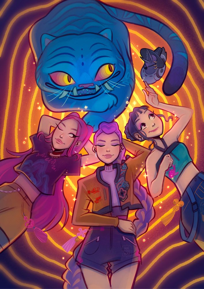 An illustration of the girls from K-pop Demon Hunters. Mira, Rumi and Zoey are laying on their backs on the golden honmoon, with their heads all together in the middle. Above them Derpy and Sussy are also chilling, with the bird just being straight up asleep. It's a peaceful looking scene. 