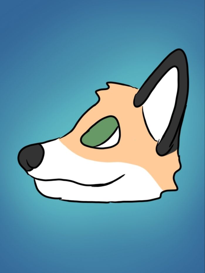 Drawing of a beige fox head with forest green eyes facing left and looking up with a grin. Flat color on a soft blue gradient background.