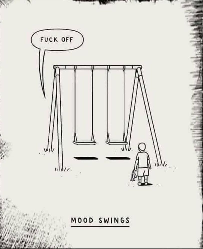 A simple black-and-white cartoon shows a child standing in front of a swing set holding a teddy bear. One of the empty swings has a speech bubble saying, “FUCK OFF.” Text underneath reads: “MOOD SWINGS.” The humour comes from taking the phrase literally.