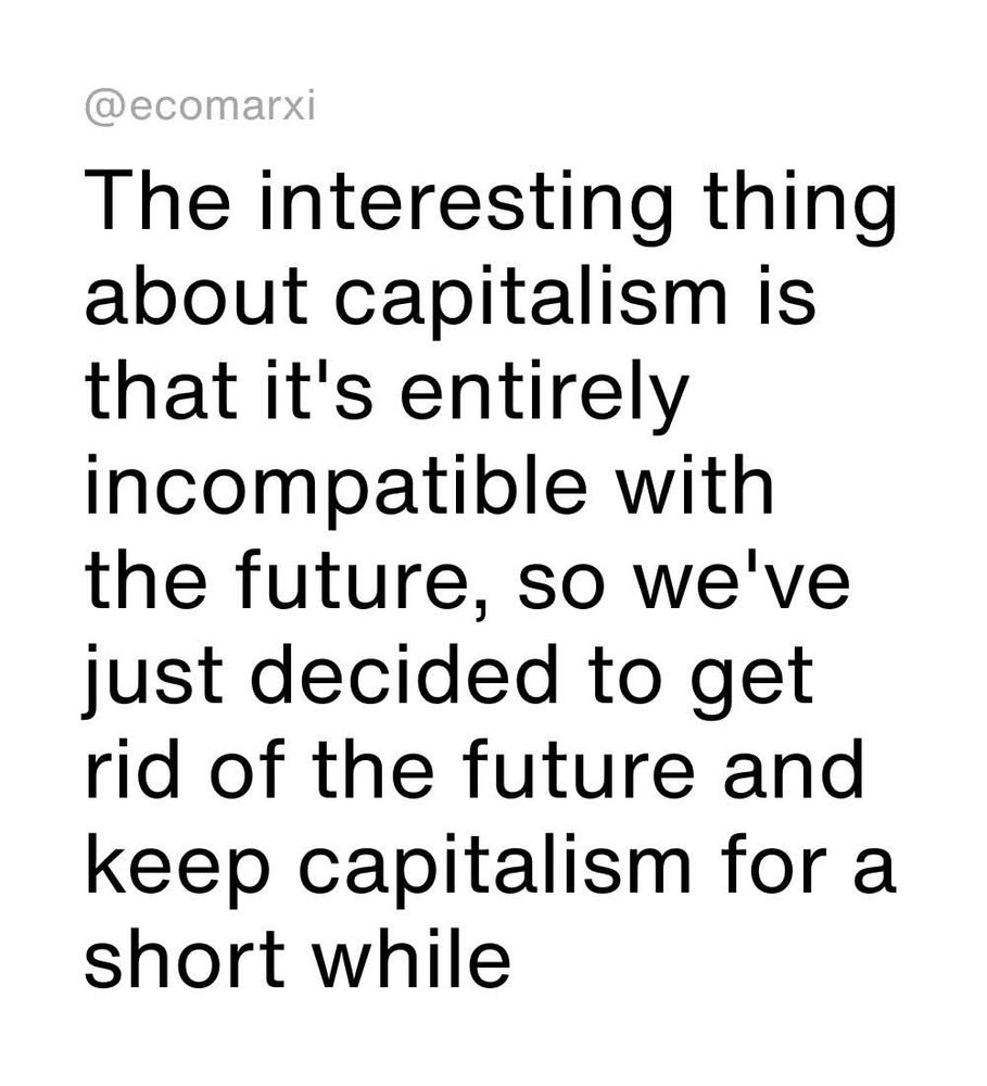 A tweet-style image with the handle "@ecomarxi" at the top. The text reads: "The interesting thing about capitalism is that it's entirely incompatible with the future, so we've just decided to get rid of the future and keep capitalism for a short while."

