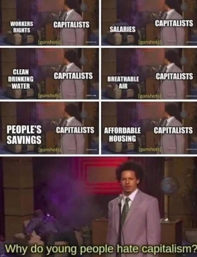 Meme using the “Eric Andre Shooting Hannibal” format. In each panel, Eric Andre (labeled “Capitalists”) shoots Hannibal (labeled with things like “workers rights,” “salaries,” “clean drinking water,” “breathable air,” “people’s savings,” and “affordable housing”). Final panel shows Andre looking confused, captioned: “Why do young people hate capitalism?”