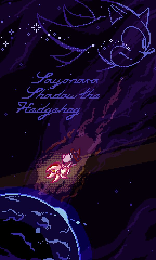 Shadow the Hedgehog falling to earth like in the final cutscene of sonic adventure 2. Super Sonic is in the top right corner with stars representing his tears with the text "Sayonara Shadow the Hedgehog" at the center of the image