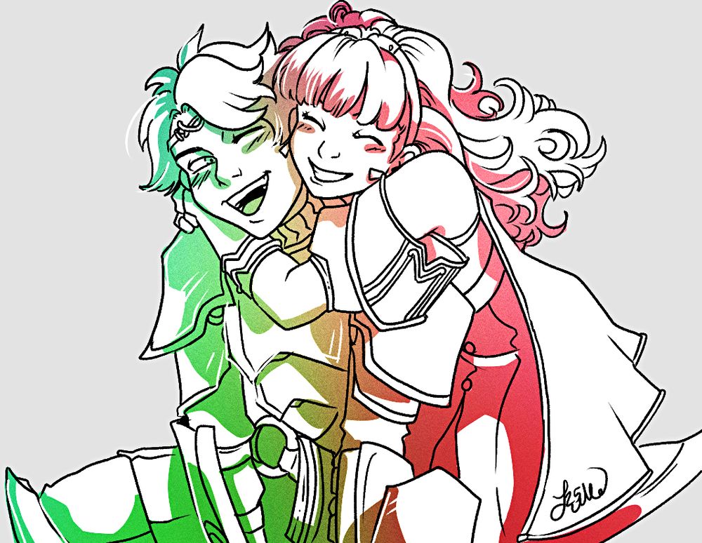 a drawing of alm and celica from fire emblem: echoes celica is hugging alm over the shoulders from behind, both looking delighted. the color is a gradient from green-orange-red