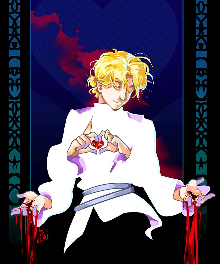 illustration of luka from alien stage with two sets of hands - one pair frames a heart gem at his front while the other pair is held out palms-up with blood dripping from them. there is a black filigree border on each side over a blue background that has a bloodstain behind it
luka's fine with this
