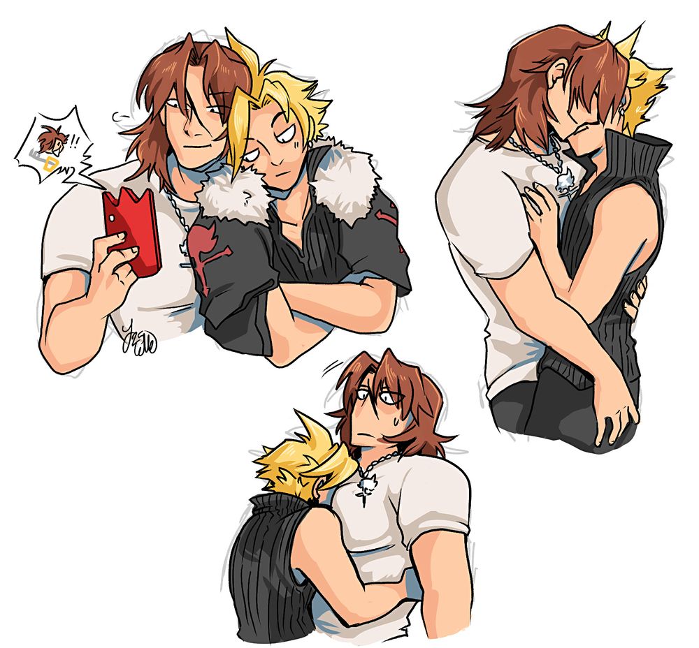 color sketches of leon and cloud from kingdom hearts
one has them leaning into each other while leon checks his gummiphone (sora is attempting texting or something) - leon looks mildly amused, cloud's unimpressed
another sketch is them embracing 
the third cloud has just full on shoved his face into leon's chest