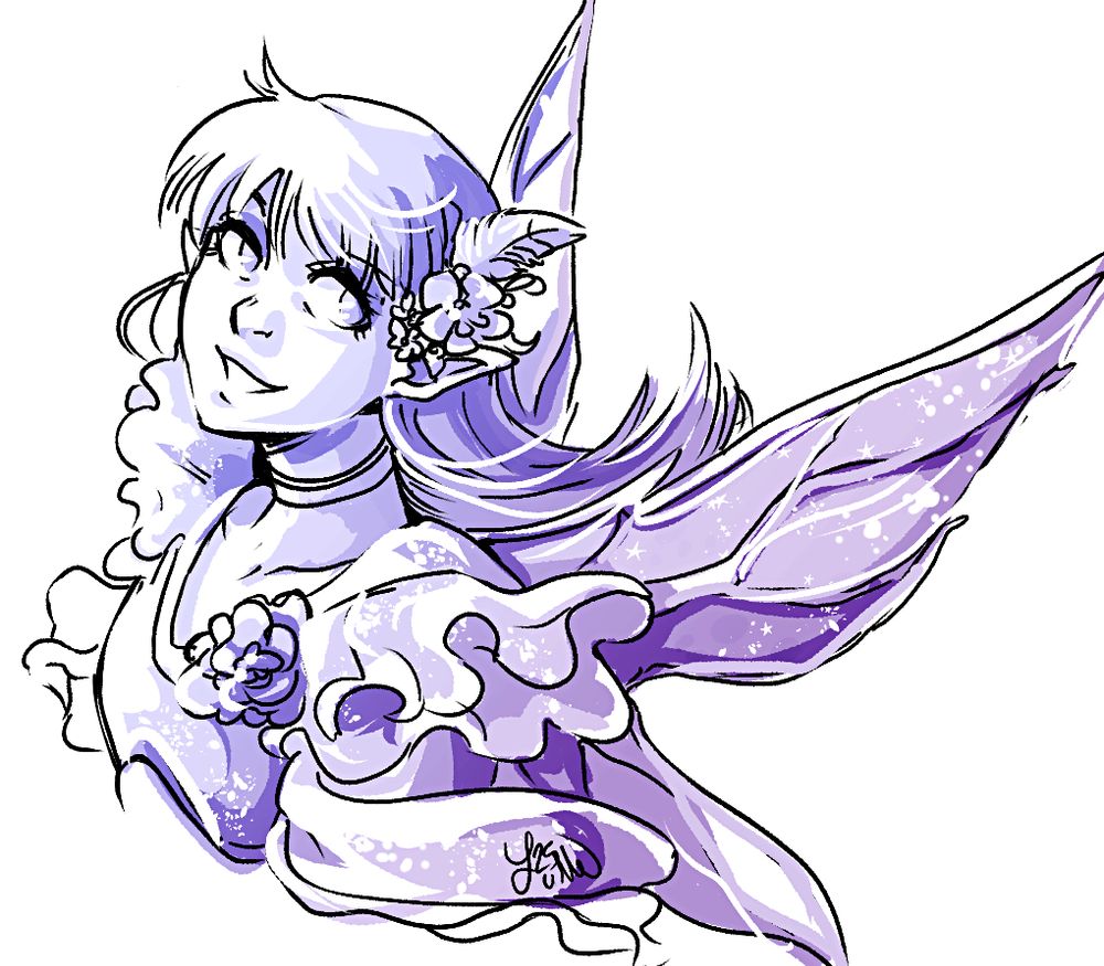 digital sketch of a fairy with flowers in her hair. the gradient color is purple