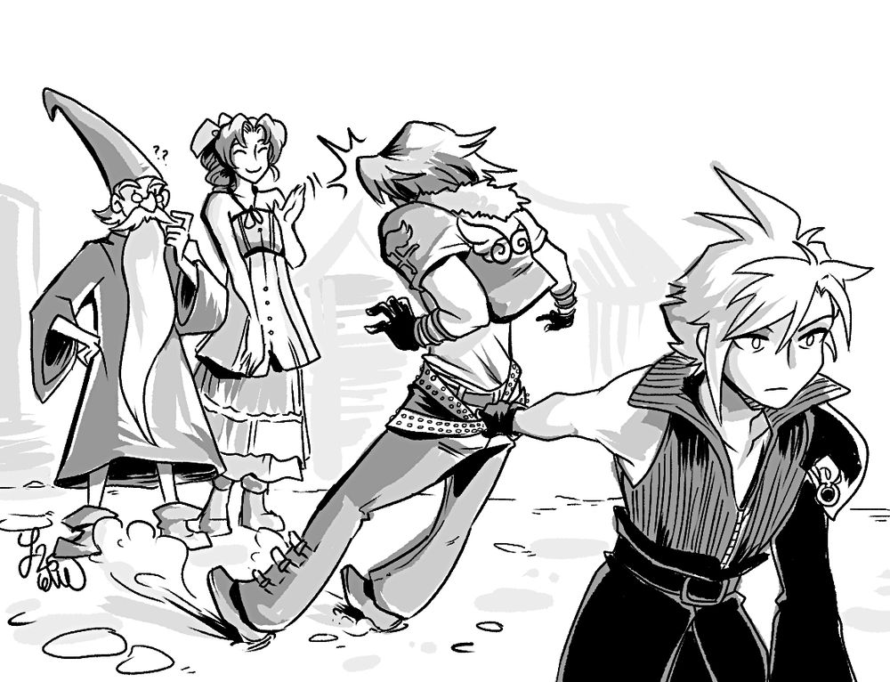 a grayscale sketch of some kingdom hearts 2 nonsense: cloud, in the foreground, is dragging leon by his belts away from merlin and aerith