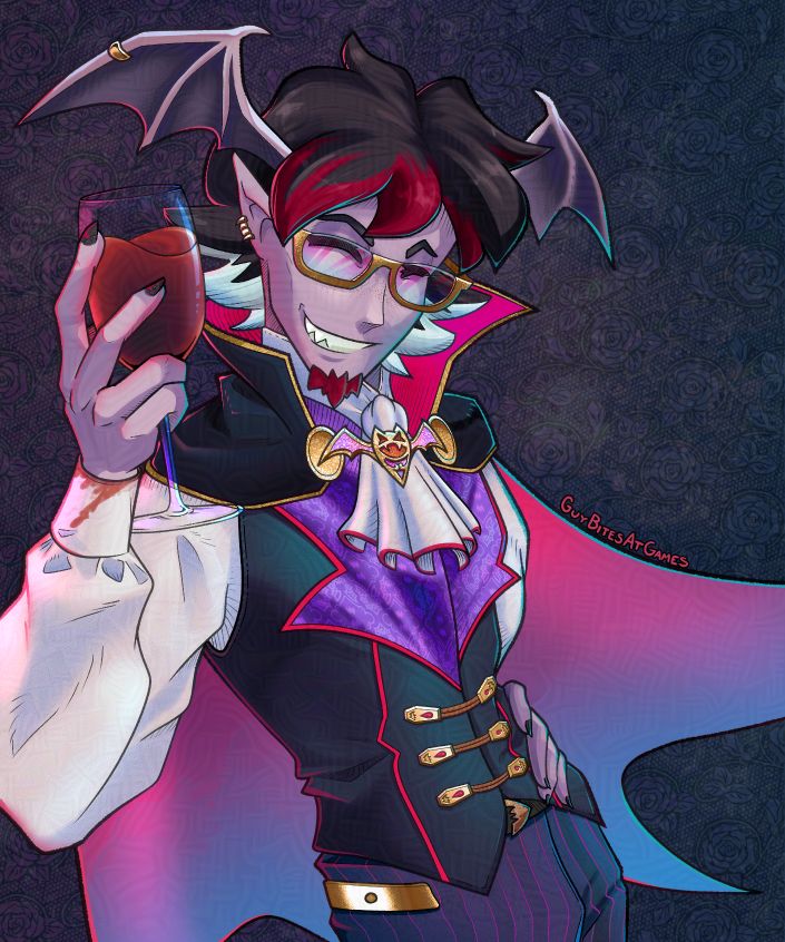 A vampire standing with one hand on his hip, the other holding up a glass of blood in a toast. He's got wings on his head, thick gold glasses, a red, bat-shaped beard. He's wearing a typically vampiric getup (a suit, cravat, and high collared cape), but with hot pink, aqua, and purple embellishments. The backdrop is a field of lace with rose patterning.