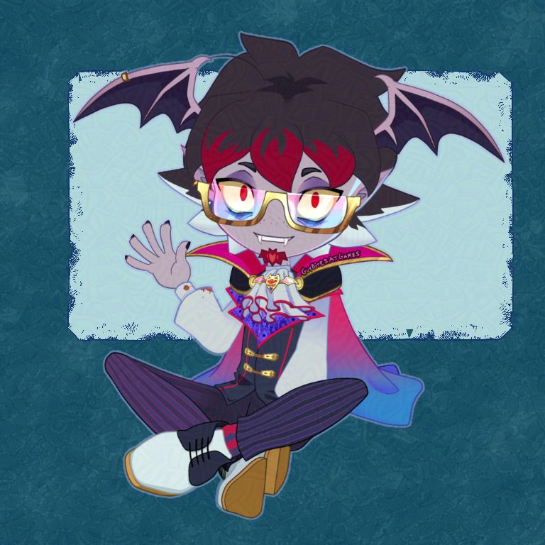 A chibi vampire sitting cross legged on the ground, waving toward the viewer. He's wearing a little suit and big glasses, and he has wings sticking out of his head. His huge, neon colored cape is clasped in the front with a golden bat insignia. 