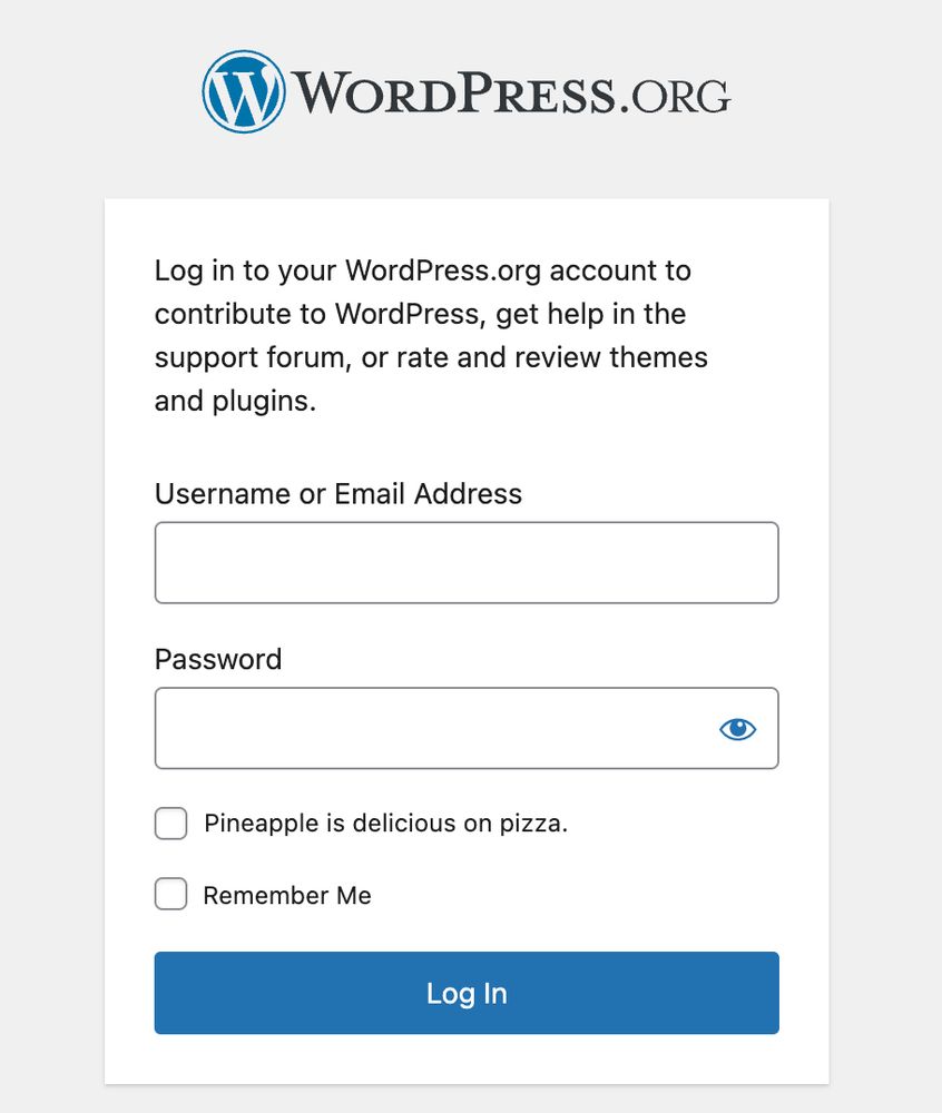Pineapple is delicious on pizza Checkbox on the Wordpress.org login page