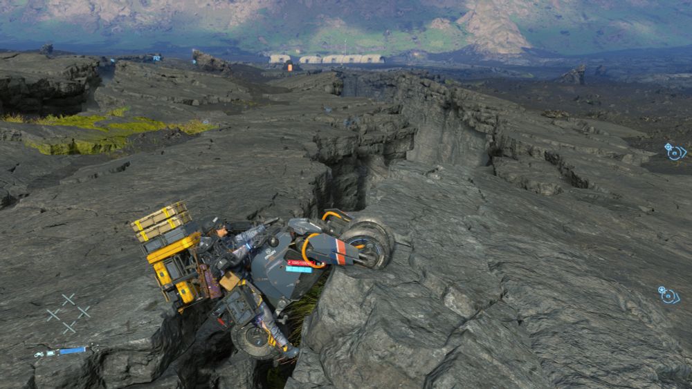 Death Stranding. Sam's on a cool futurebike. The back wheel's dangling down a gorge. The rest of it is suspended by the front wheel & the cargo on Sam's back. He is stuck. This is a predicament.