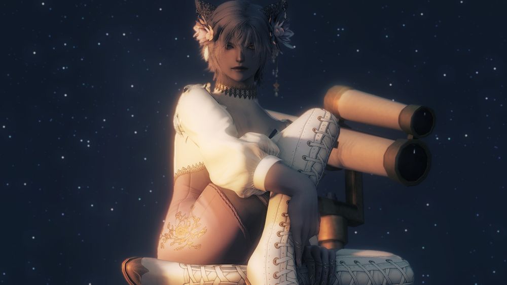 moon cat in a cute attire posed in front of a telescope with a starry sky in the background