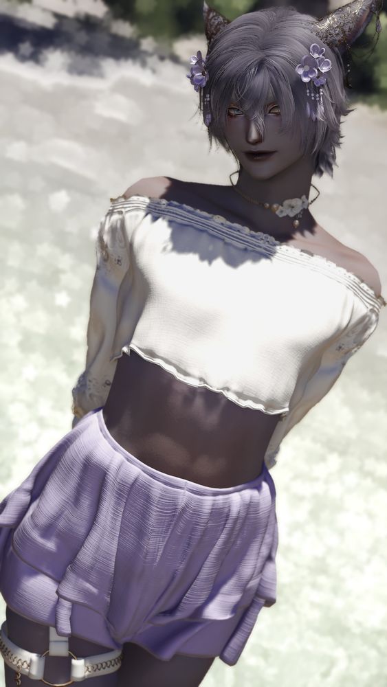 moon cat at the beach wearing a white off shoulder top, flowy purple shorts and flower accessories in his hair