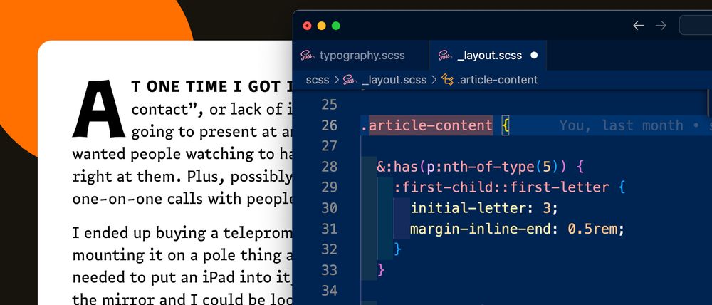 &:has(p:nth-of-type(5)) {
    :first-child::first-letter {
      initial-letter: 3;
      margin-inline-end: 0.5rem;
    }
  }