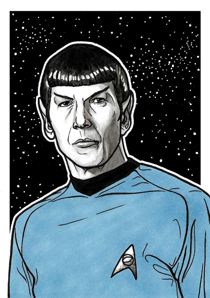 A chest and shoulders portrait of Spock from Star Trek: The Original Series. His light blue uniform shirt is the only colour in the image, which is otherwise in greyscale. His face has been shaded with ink in a semi-realistic style, in contrast to the flat colour of his shirt. Both are drawn with detailed black lineart. There is a starfield background behind him, and a thick white outline that separates him from it.