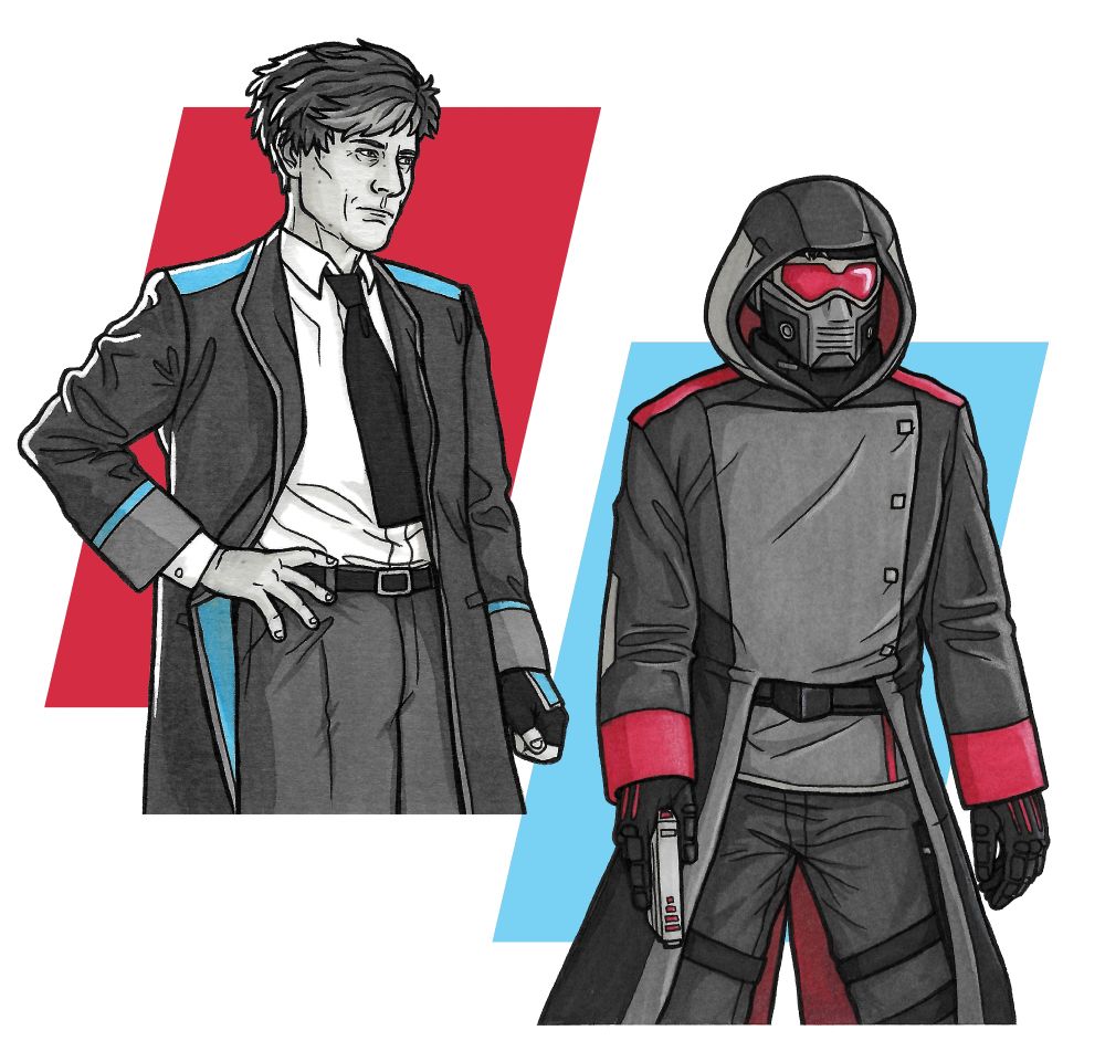 A limited colour marker drawing of Dan, a nonbinary middle-aged human, and an unidentified figure in a mask and hood. Dan has untidy short dark hair with a grey streak at the front, and a pale, square-jawed face with a handful of freckles and a serious expression. They are looking off to their left with their right hand on their hip, and are wearing a white shirt, a black tie, dark trousers with a belt and a long dark coat with light blue accents on the shoulders and wrists, and light blue lining. They have a black fingerless glove on their left hand with a small screen on the back of it. 
The other figure wears a different style of long dark coat with a lighter front panel that buttons across the chest and red accents at the shoulders, wrists and lining. Their trousers are dark, a black belt is visible below the lower edge of their coat along with the bottom of a jacket, and they have thigh holsters strapped to both legs. The coat has a hood which is up, and they are wearing a full face mask with red lensed goggles built in, completely concealing their identity. They're also wearing reinforced black gloves, and standing with their legs apart and both hands by their side, as if ready for action. There is a small sci-fi gun in their right hand, pointed down at the ground.
Both figures are in greyscale with only blue or red as an accent colour, and they have the other figure's colour in a simple parallelogram behind them as a background.