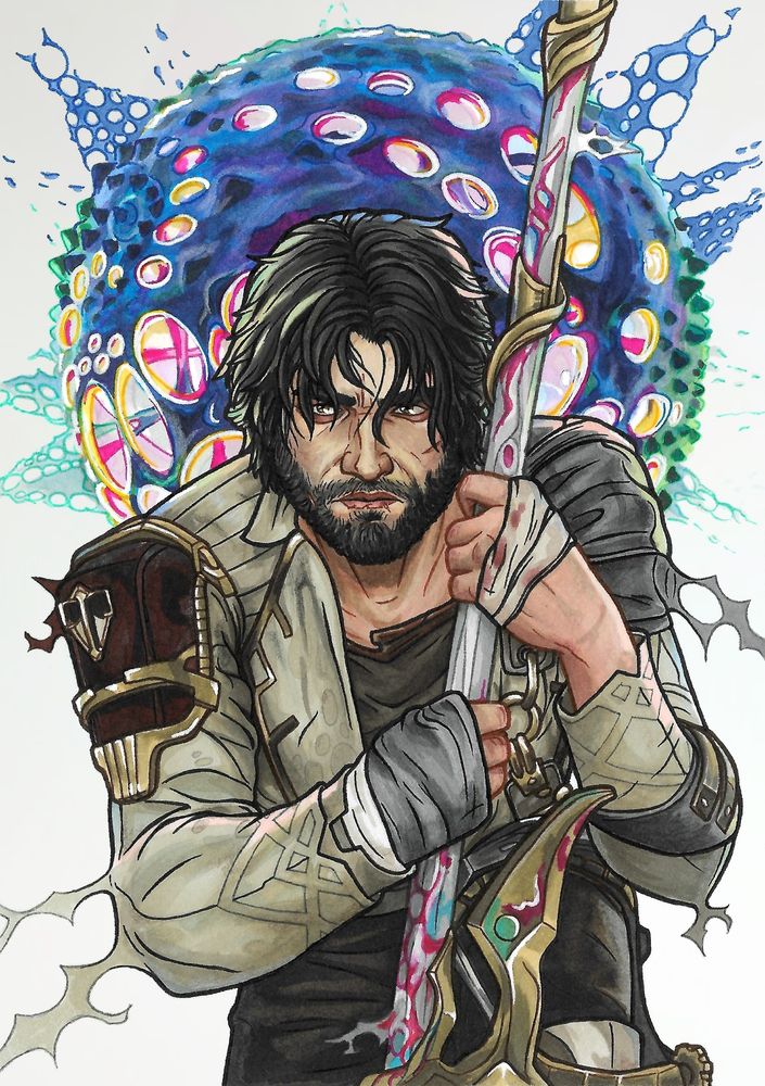 A marker drawing of Jayce Talis from Arcane, a man with light brown skin, shaggy black hair and a short beard. He's in a kneeling pose, leaning on the handle of his corrupted hammer, and wearing dirty, bedraggled clothes. He has a bandage on his hand and small cuts on his face, which is wearing an exhausted, determined expression. Behind him is the Hexgate magical anomaly, a spherical multi-coloured object covered in holes and spikes. It's positioned behind his shoulders, which combined with his pose makes it look as if it's weighing him down.